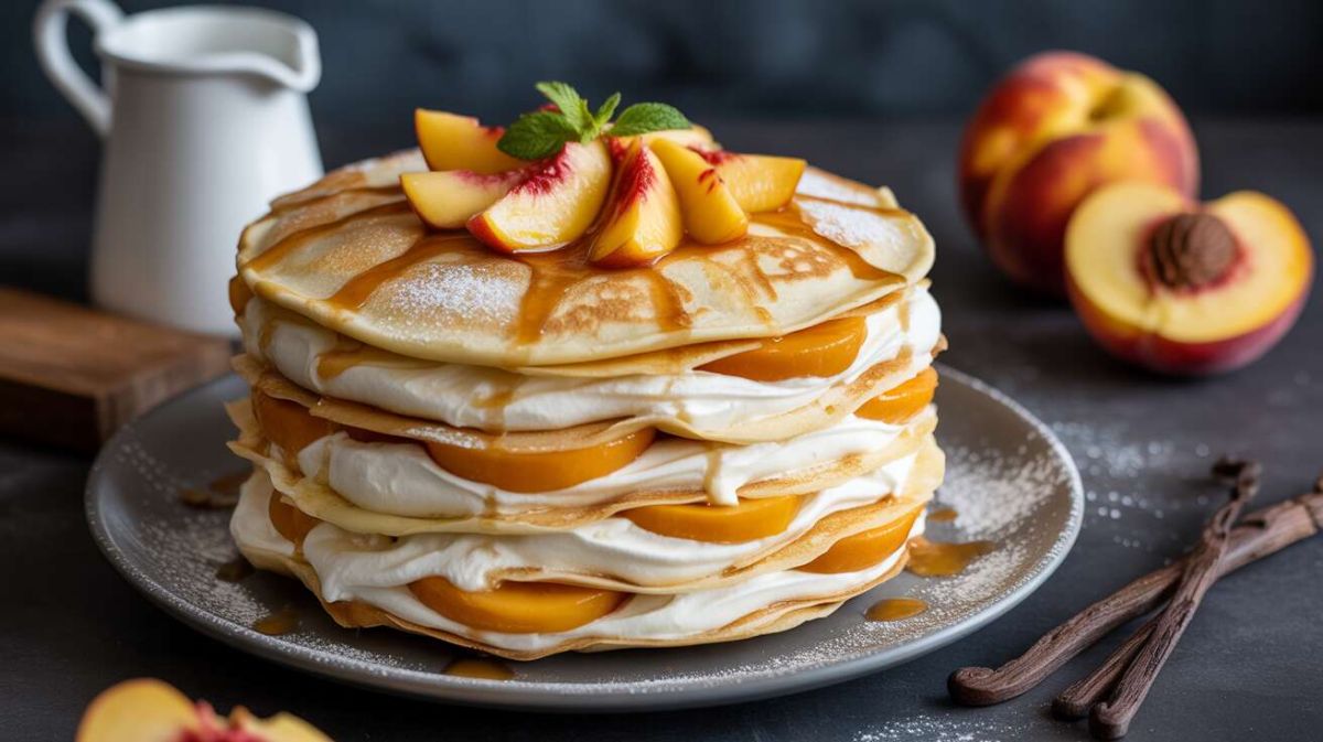 La douceur du gâteau de crêpes aux pêches et chantilly