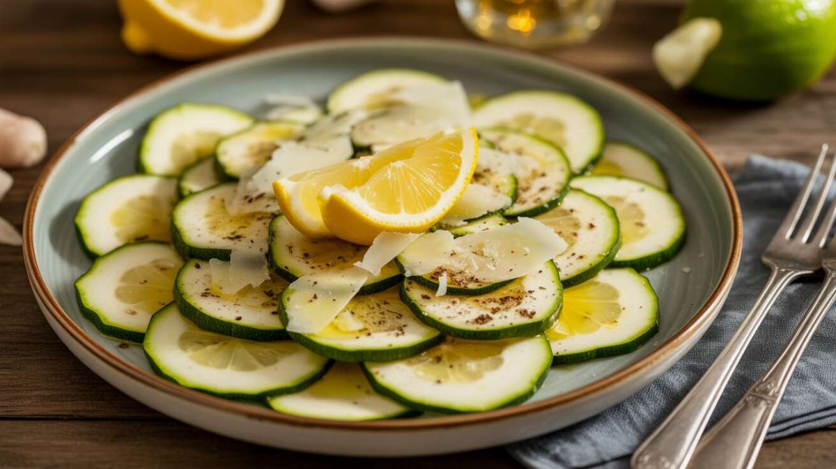 Une entrée rafraîchissante : carpaccio de courgettes au citron et parmesan